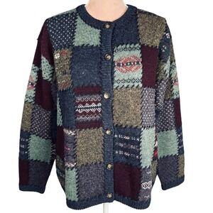 Vtg Eddie Bauer Legend Deer Bay Patchwork Wool Cardigan Sweater Blue Multi Sz L